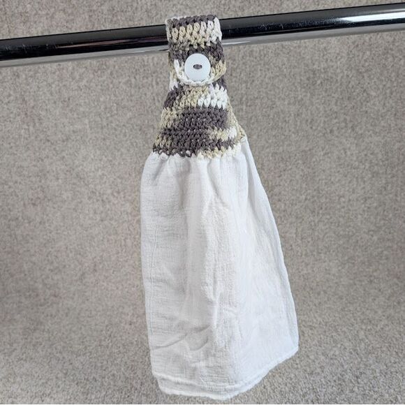 Handmade Crochet Top Kitchen Towel White Cotton with Brown & Beige Pattern - Picture 3 of 5